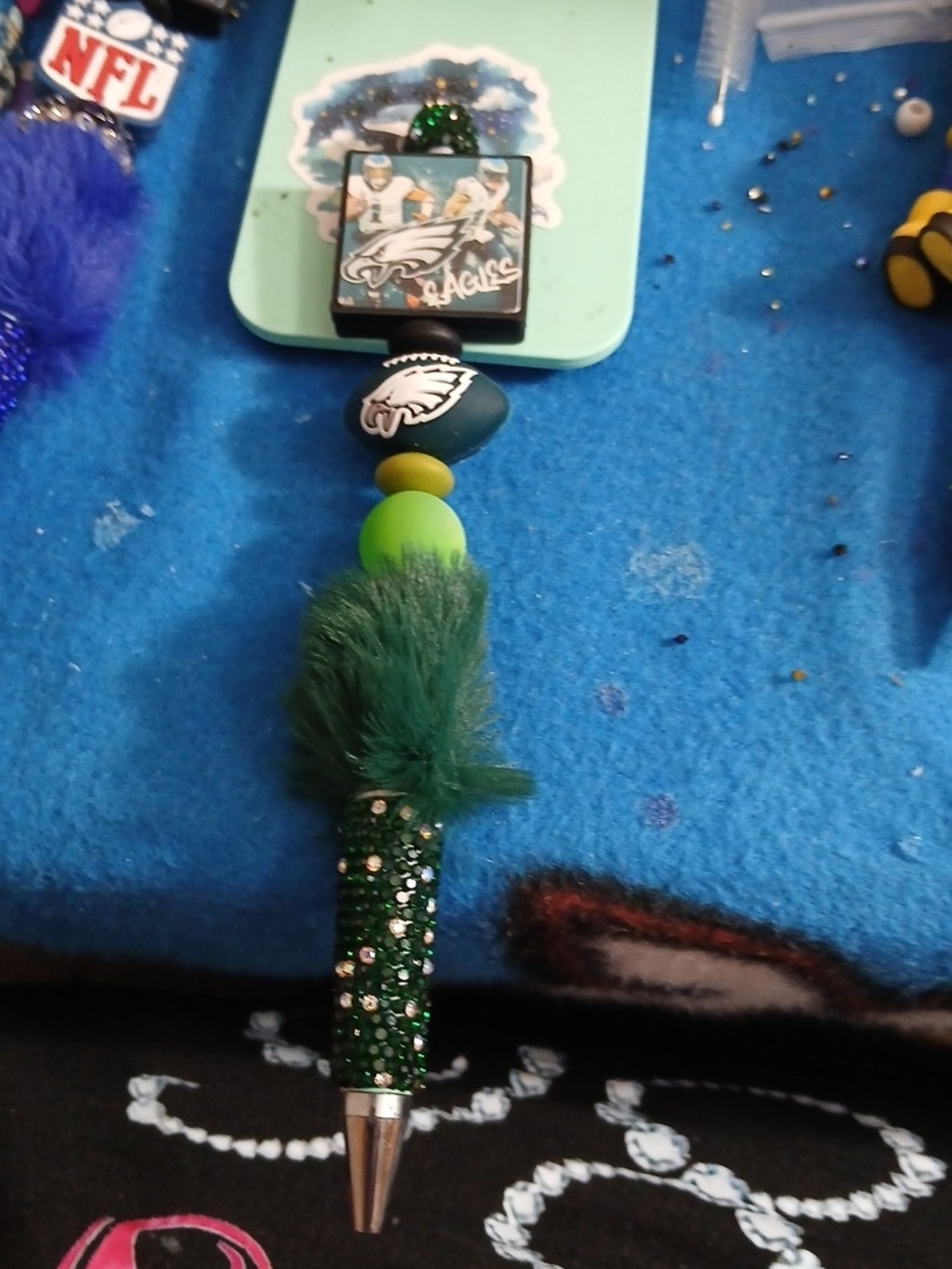 Green Feathered Beaded Ballpoint Pen - Inspired